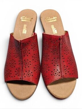 Clarks Red Helio Corridor Perforated Leather Wedge Mule Sandals